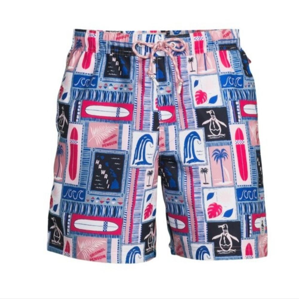 Penguin Drawstring Colorful Surfboard Print Swim Shorts Size XXL